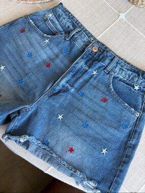 No Boundaries Blue Denim Shorts with Red, White & Blue Star Embroidery